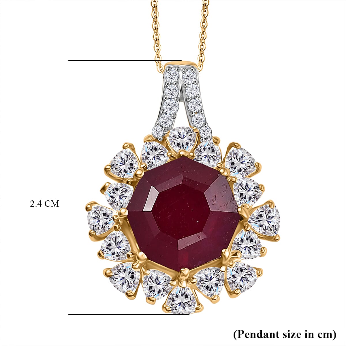 African Ruby & White Zircon Pendant with Chain (Size 20) in 18K Vermeil Yellow Gold Plated Sterling Silver 8.18 Ct.