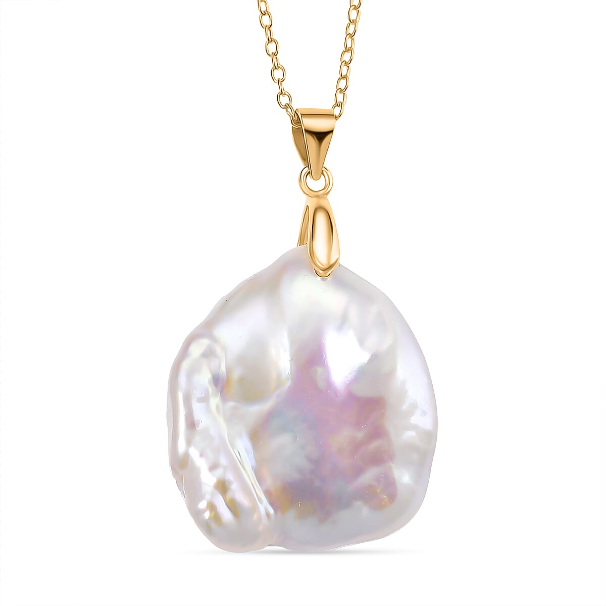 D'Joy White Fresh Water Pearl Pendant with Chain (Size 20) in Yellow Gold Plated Sterling Silver 40.65 Ct.