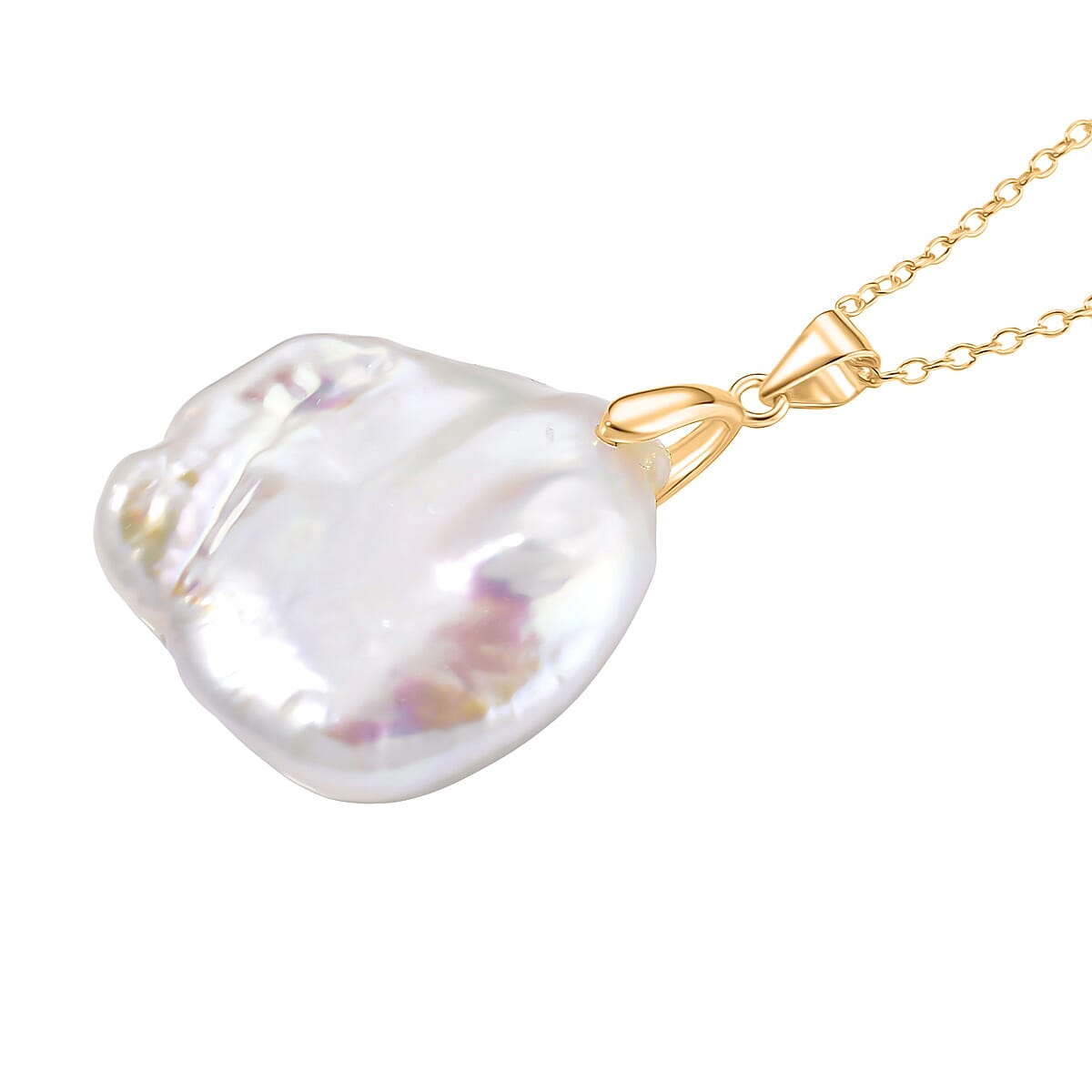 D'Joy White Fresh Water Pearl Pendant with Chain (Size 20) in Yellow Gold Plated Sterling Silver 40.65 Ct.