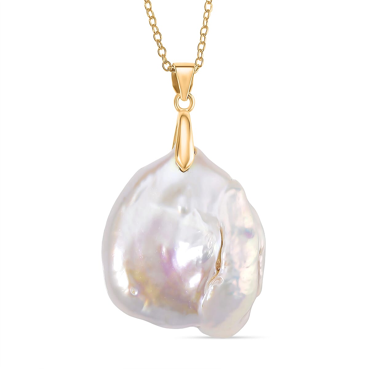 D'Joy White Fresh Water Pearl Pendant with Chain (Size 20) in Yellow Gold Plated Sterling Silver 40.65 Ct.