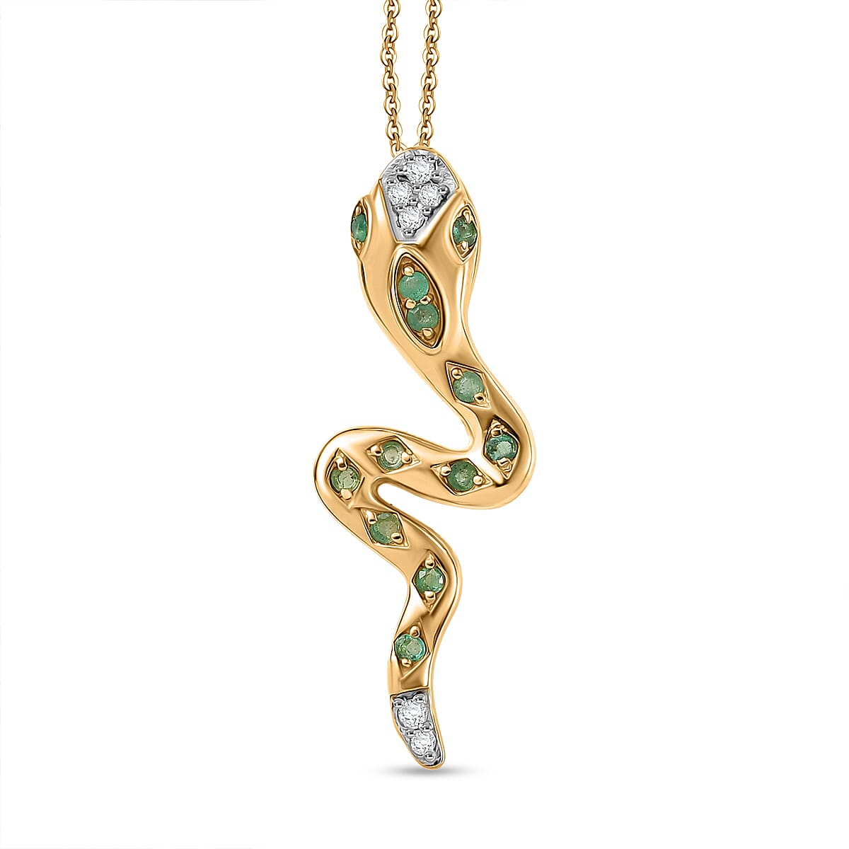 White Zircon Zambian Emerald Snake Pendant with Chain (Size 20) in Yellow Gold Plating Sterling Silver