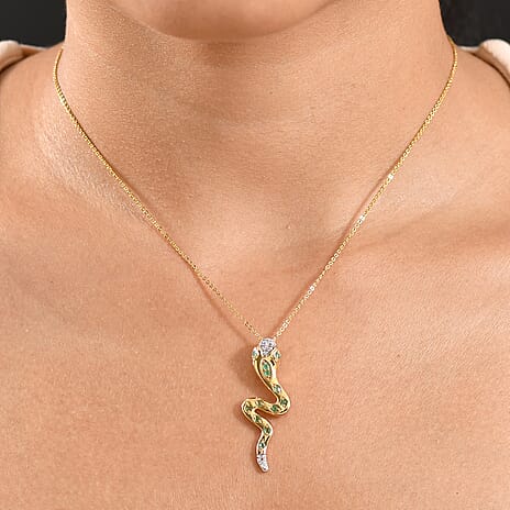 White Zircon Zambian Emerald Pendant with Torn Chain 19DC (Size 20) in Yellow Gold Plating Sterling Silver