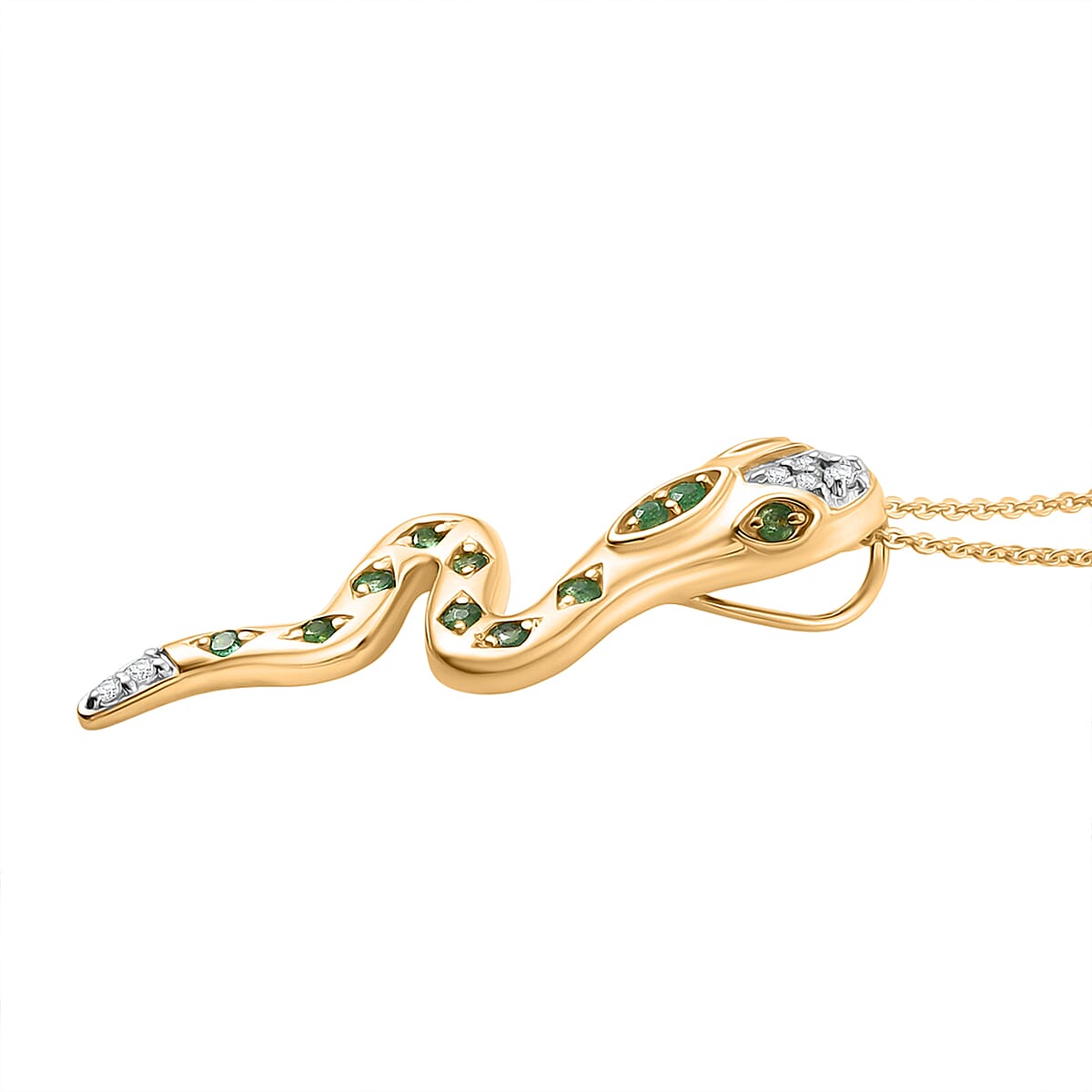 White Zircon Zambian Emerald Snake Pendant with Chain (Size 20) in Yellow Gold Plating Sterling Silver