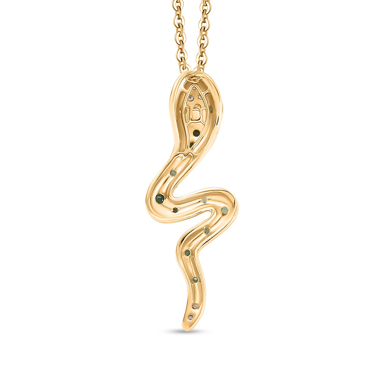 White Zircon Zambian Emerald Snake Pendant with Chain (Size 20) in Yellow Gold Plating Sterling Silver