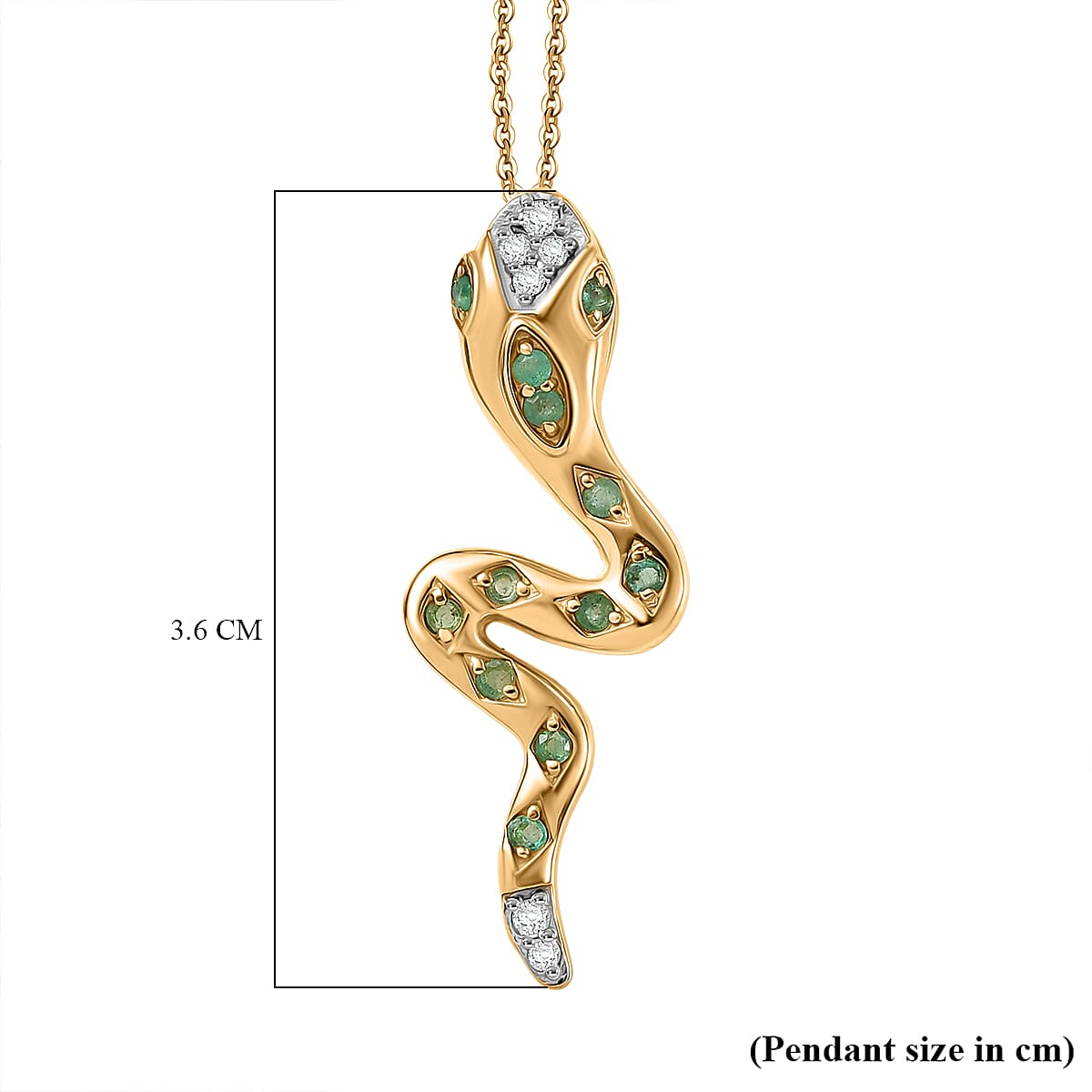 White Zircon Zambian Emerald Snake Pendant with Chain (Size 20) in Yellow Gold Plating Sterling Silver