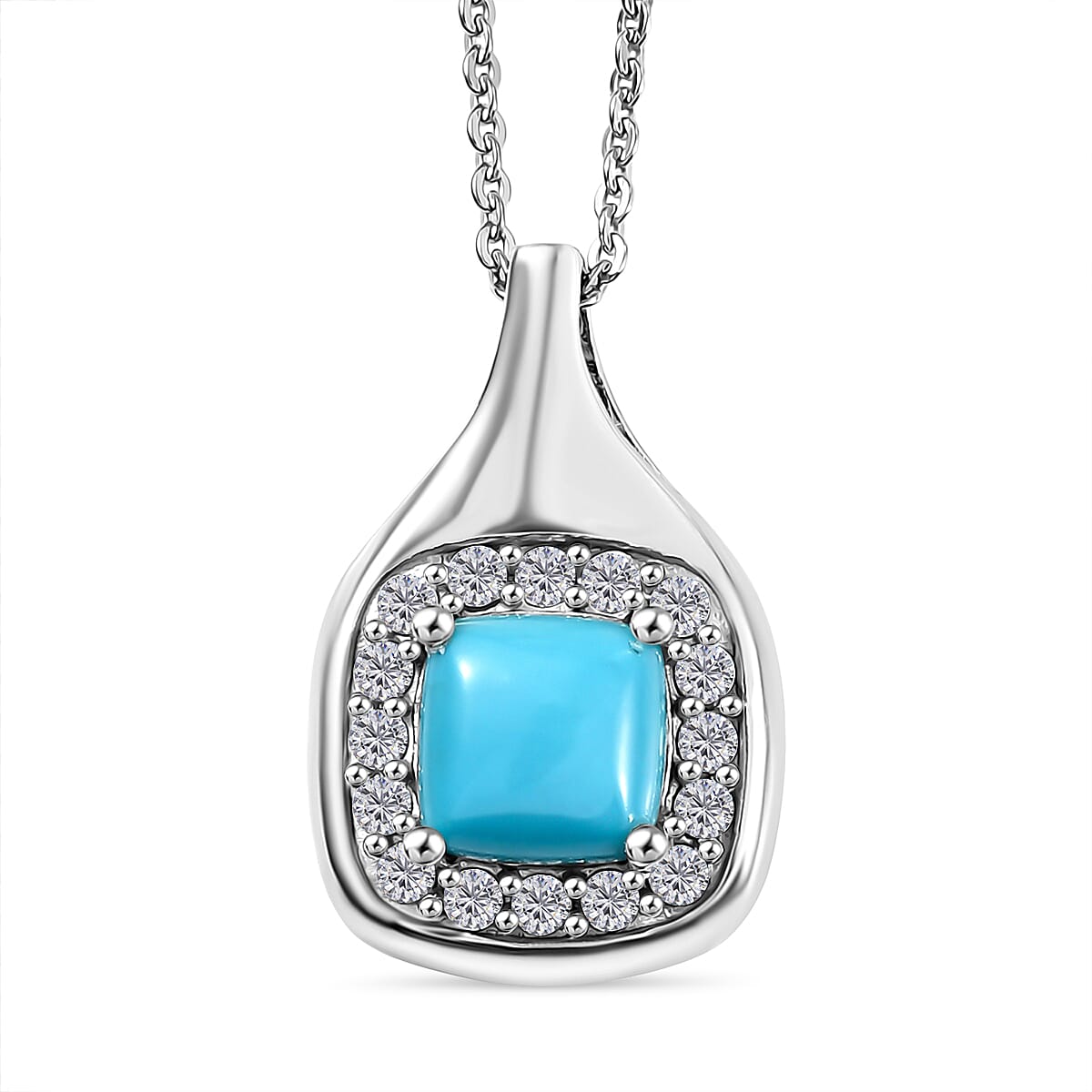 D'joy Sleeping Beauty Turquoise & White Zircon Pendant with Chain (Size 20) in Rhodium Overlay Sterling Silver 1.29 Ct.