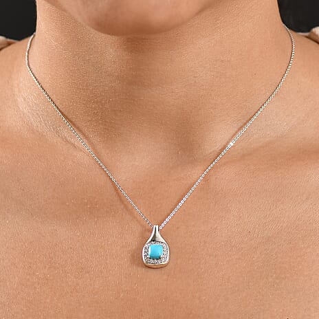D'joy Sleeping Beauty Turquoise & White Zircon Pendant with Chain (Size 20) in Rhodium Overlay Sterling Silver 1.29 Ct.