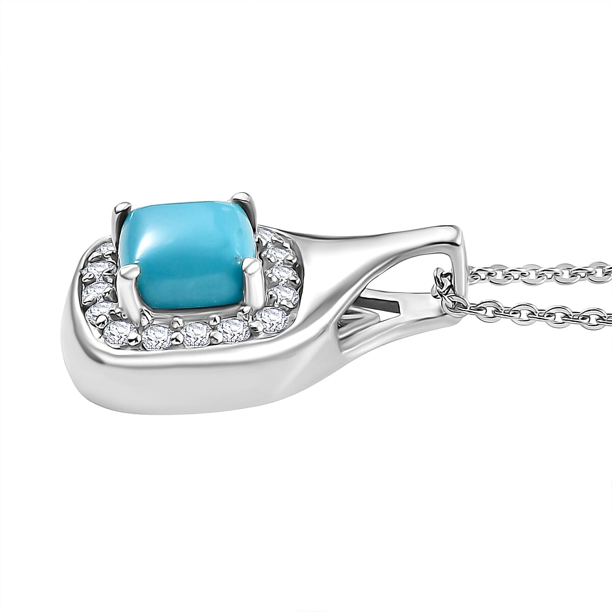 D'joy Sleeping Beauty Turquoise & White Zircon Pendant with Chain (Size 20) in Rhodium Overlay Sterling Silver 1.29 Ct.