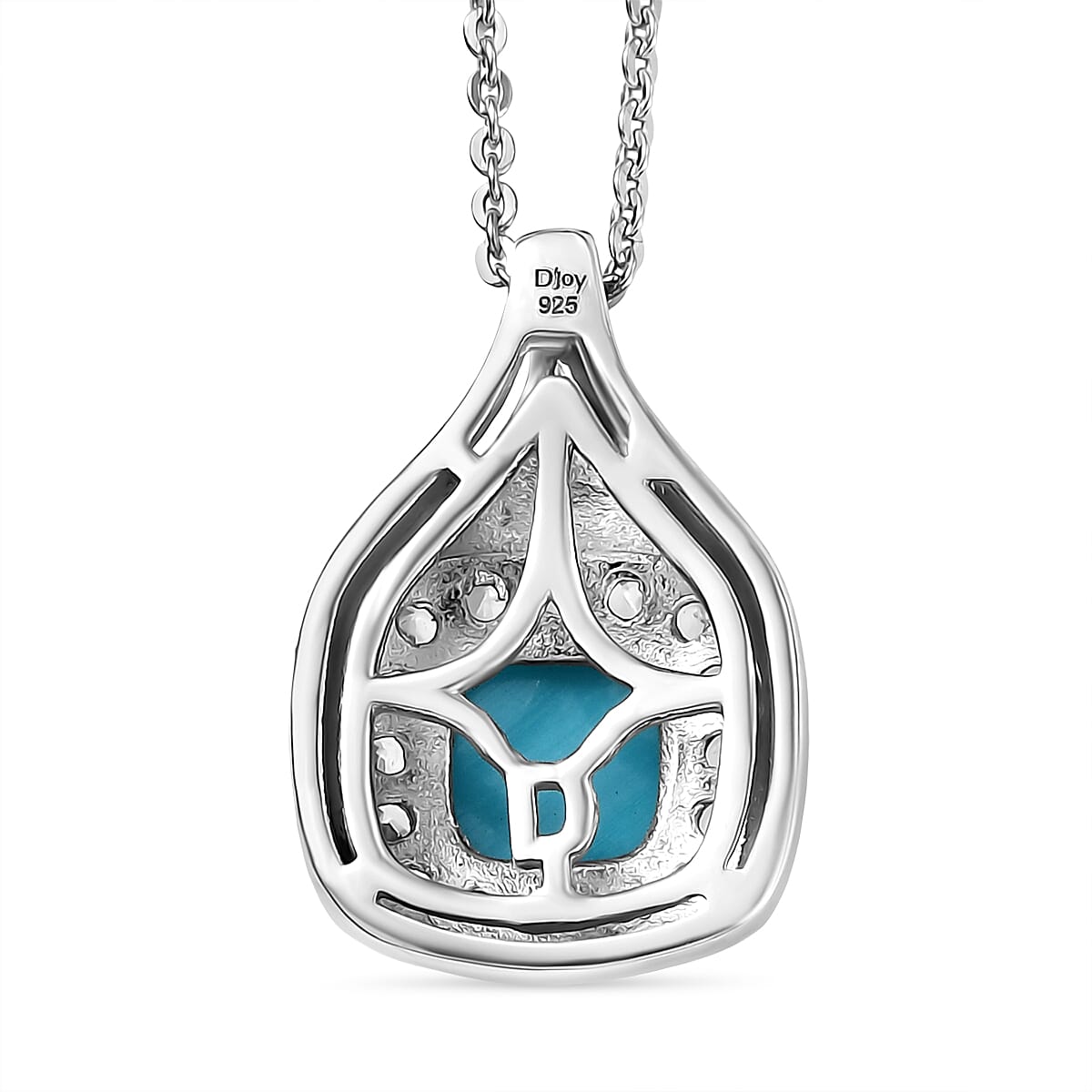 D'joy Sleeping Beauty Turquoise & White Zircon Pendant with Chain (Size 20) in Rhodium Overlay Sterling Silver 1.29 Ct.