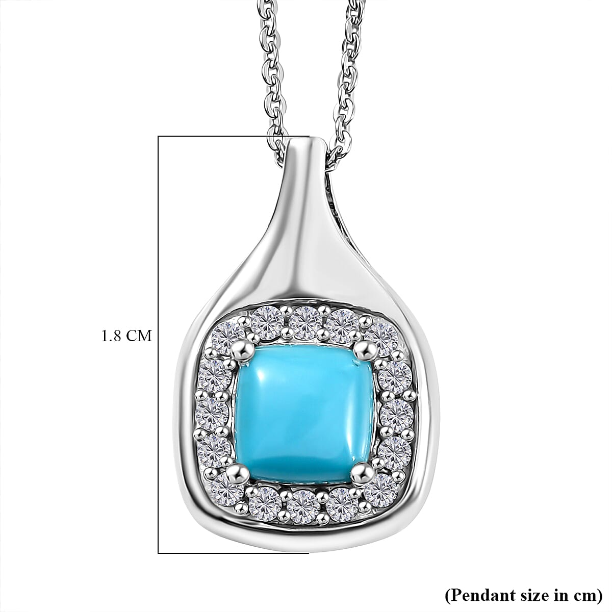 D'joy Sleeping Beauty Turquoise & White Zircon Pendant with Chain (Size 20) in Rhodium Overlay Sterling Silver 1.29 Ct.