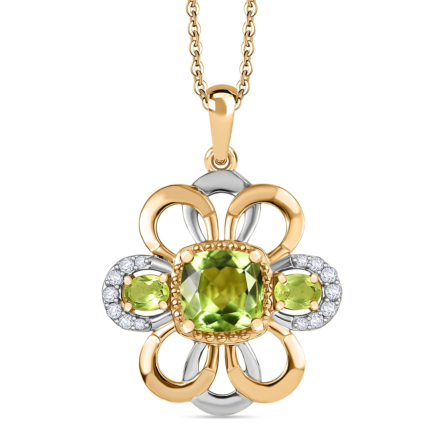 D'joy White Zircon & Natural Hebei Peridot Celestial Bloom Pendant with Torn Chain 19DC (Size 20) in Yellow Gold Plating Sterling Silver 2.21 Ct.