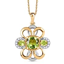 D'joy White Zircon & Natural Hebei Peridot Celestial Bloom Pendant with Torn Chain 19DC (Size 20) in Yellow Gold Plating Sterling Silver 2.21 Ct.