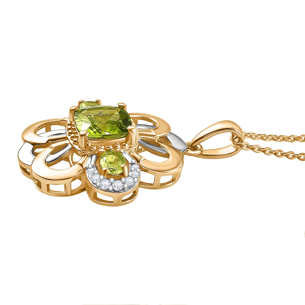 D'joy White Zircon & Natural Hebei Peridot Celestial Bloom Pendant with Torn Chain 19DC (Size 20) in Yellow Gold Plating Sterling Silver 2.21 Ct.