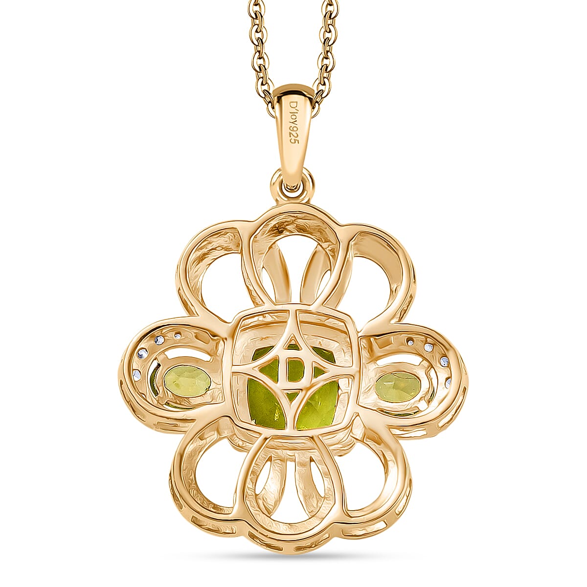 D'joy White Zircon & Natural Hebei Peridot Celestial Bloom Pendant with Torn Chain 19DC (Size 20) in Yellow Gold Plating Sterling Silver 2.21 Ct.