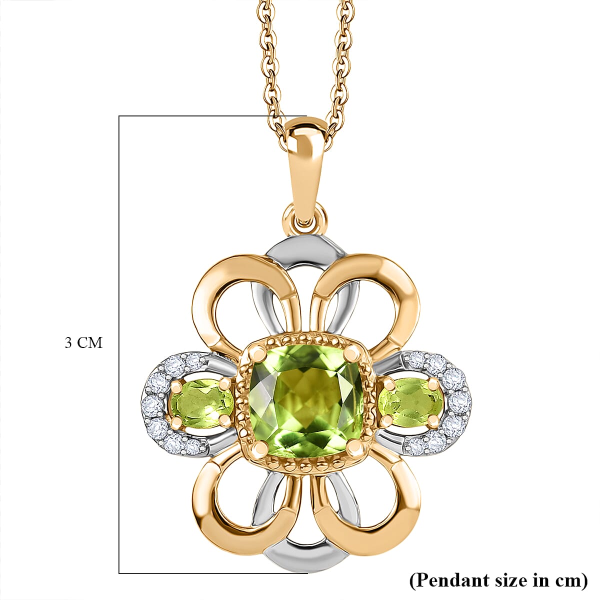 D'joy White Zircon & Natural Hebei Peridot Celestial Bloom Pendant with Torn Chain 19DC (Size 20) in Yellow Gold Plating Sterling Silver 2.21 Ct.