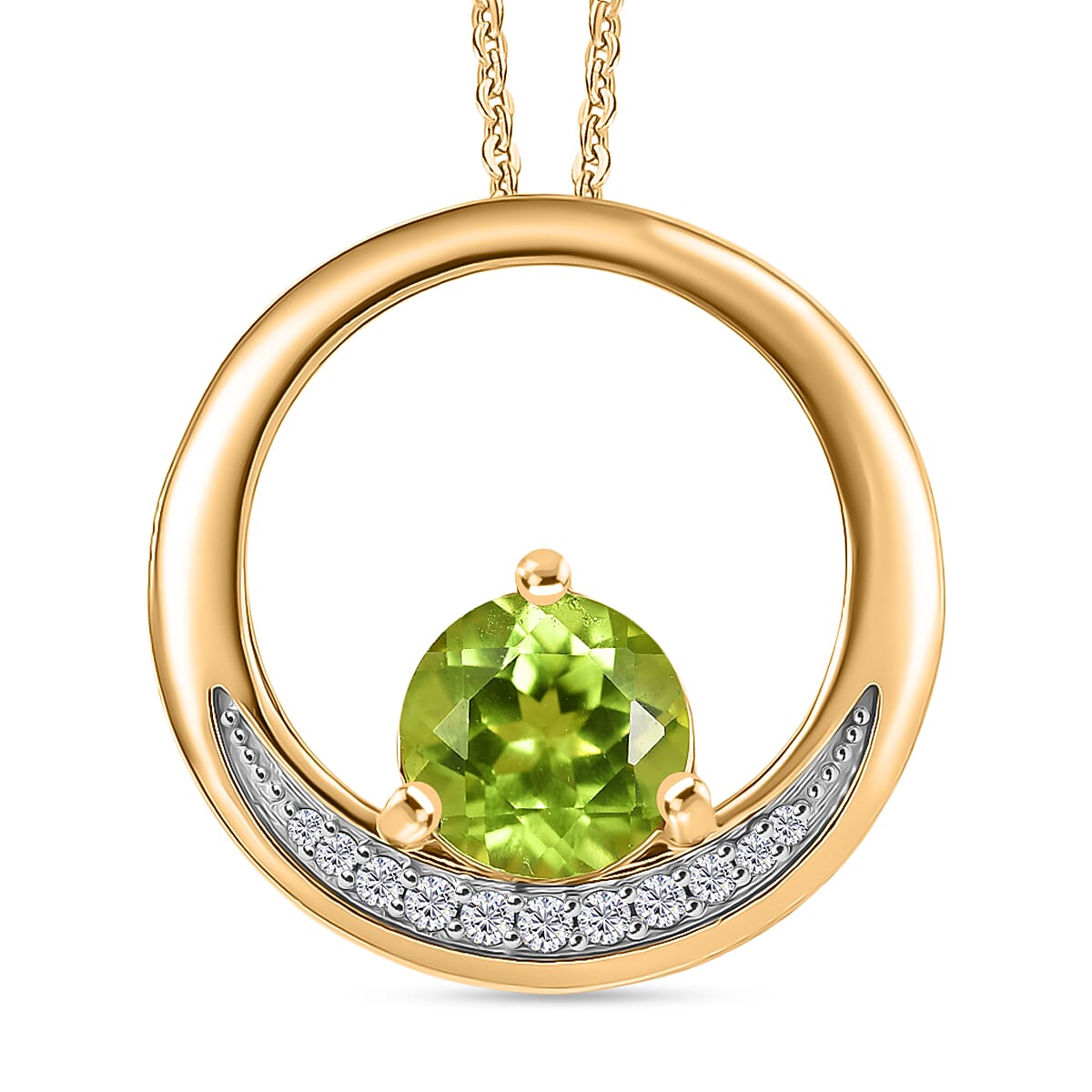 D'joy Peridot Dusk & White Zircon Natural Hebei Peridot with Chain (Size 20) in Yellow Gold Plating Sterling Silver 1.62 Ct.