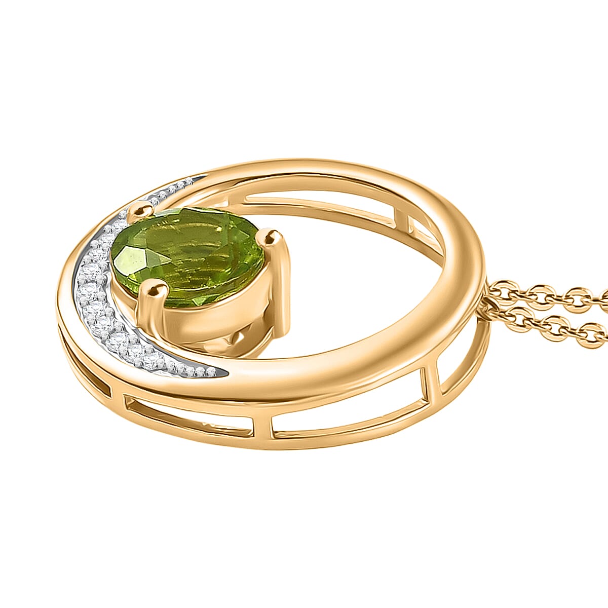 D'joy Peridot Dusk & White Zircon Natural Hebei Peridot with Chain (Size 20) in Yellow Gold Plating Sterling Silver 1.62 Ct.
