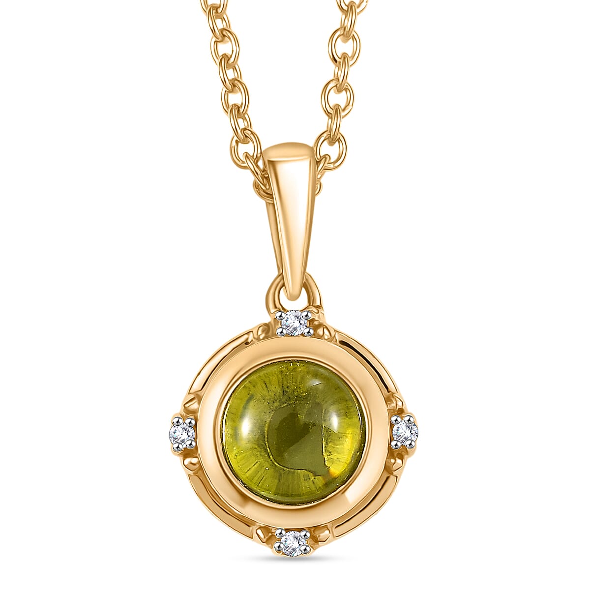 D'joy White Zircon & Natural Hebei Peridot Radiance Pendant with Steel Cable Chain (Size 20) in Yellow Gold Plating 1.54 Ct.