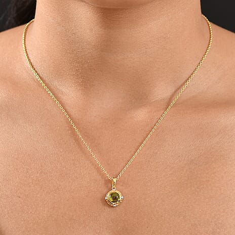 D'joy White Zircon & Natural Hebei Peridot Radiance Pendant with Steel Cable Chain (Size 20) in Yellow Gold Plating 1.54 Ct.