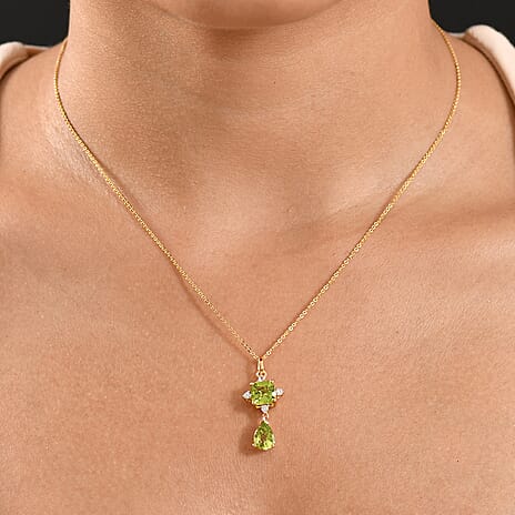 D'Joy Peridot & White Zircon Natural Hebei Peridot with Chain (Size 20) in Yellow Gold Plating Sterling Silver 2.87 Ct.