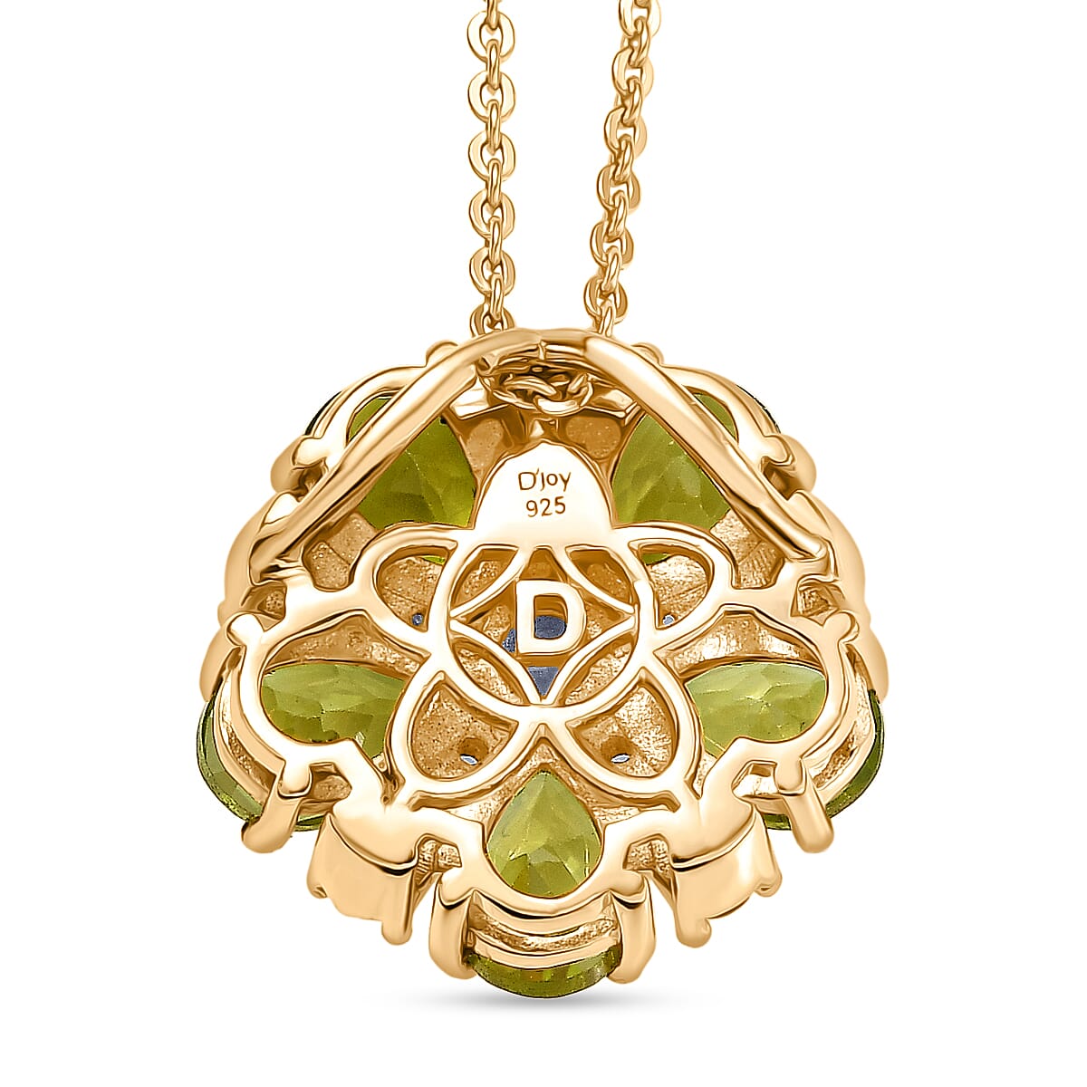 D'joy White Zircon & Natural Hebei Peridot Blossom Pendant with Torn Chain 19DC (Size 20) in Yellow Gold Plating Sterling Silver 2.83 Ct.