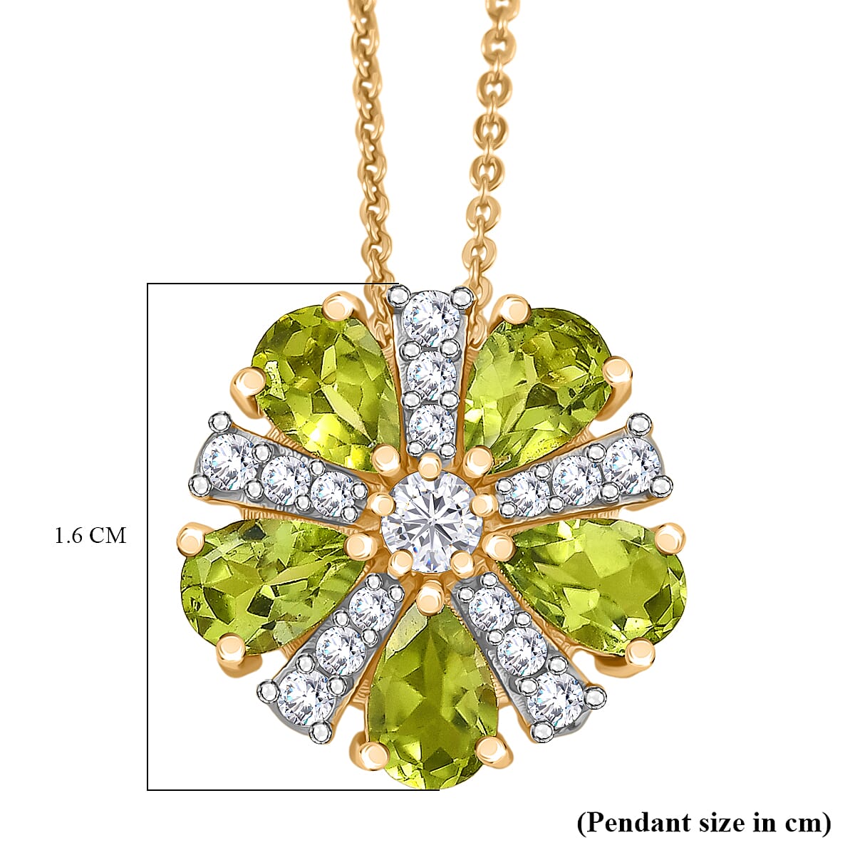 D'joy White Zircon & Natural Hebei Peridot Blossom Pendant with Torn Chain 19DC (Size 20) in Yellow Gold Plating Sterling Silver 2.83 Ct.