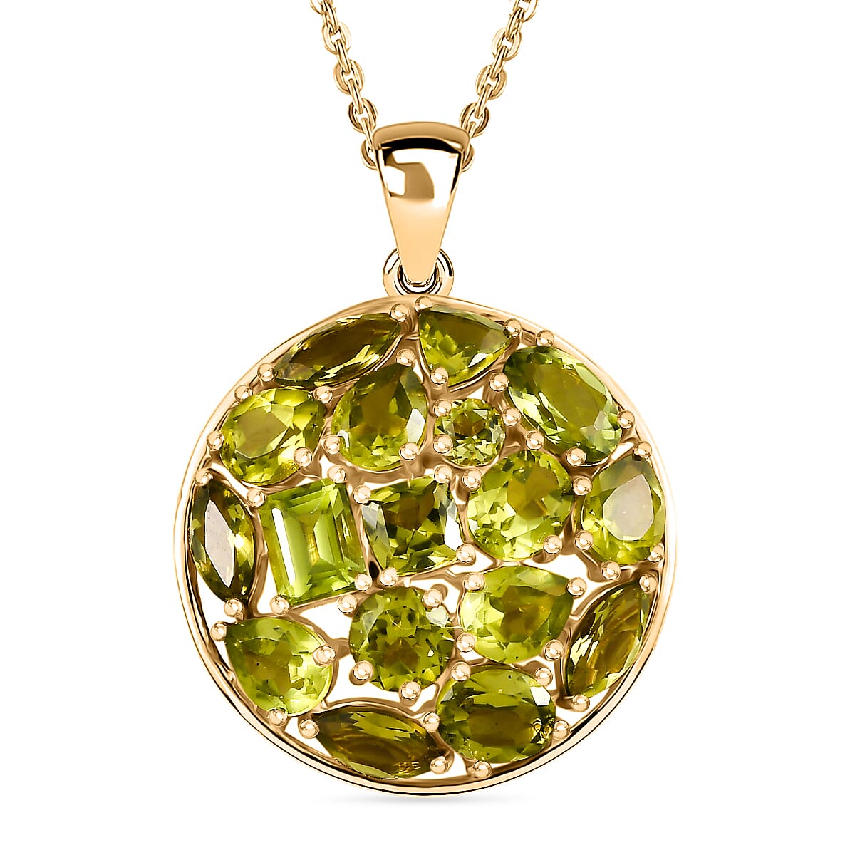 D'joy Natural Hebei Peridot Mosaic Pendant with Chain (Size 20) in Yellow Gold Plating Sterling Silver 5.75 Ct, Silver Wt. 5.20 Gms.