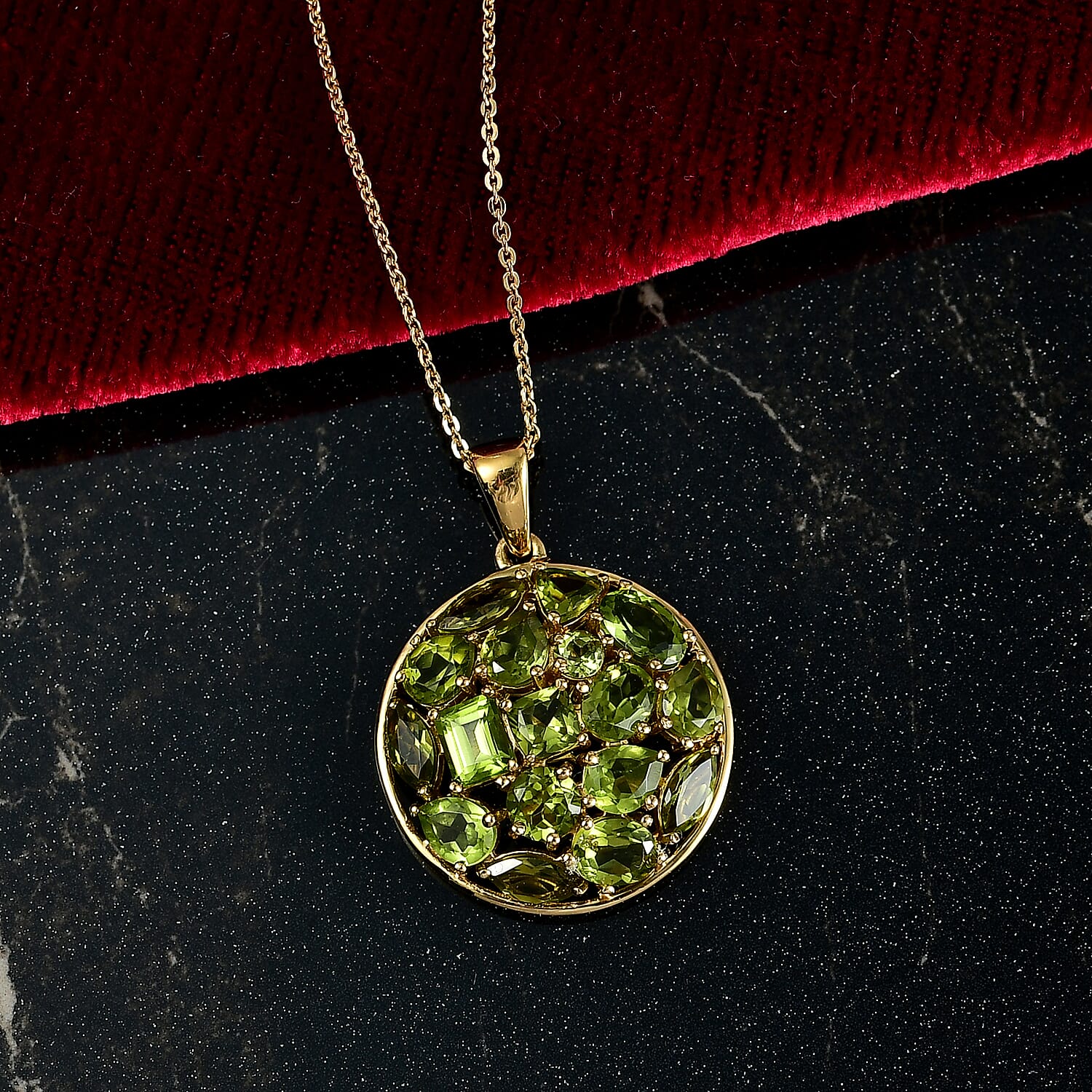 D'joy Natural Hebei Peridot Mosaic Pendant with Chain (Size 20) in Yellow Gold Plating Sterling Silver 5.75 Ct, Silver Wt. 5.20 Gms.