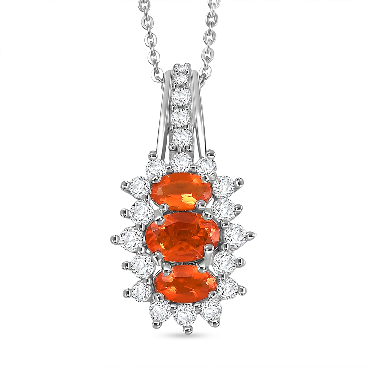 Crimson Fire Opal & White Zircon Pendant with Chain (Size 20) in Rhodium Overlay Sterling Silver 1.39 Ct.