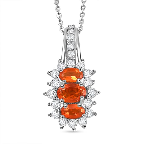 Crimson Fire Opal & White Zircon Pendant with Chain (Size 20) in Rhodium Overlay Sterling Silver 1.39 Ct.