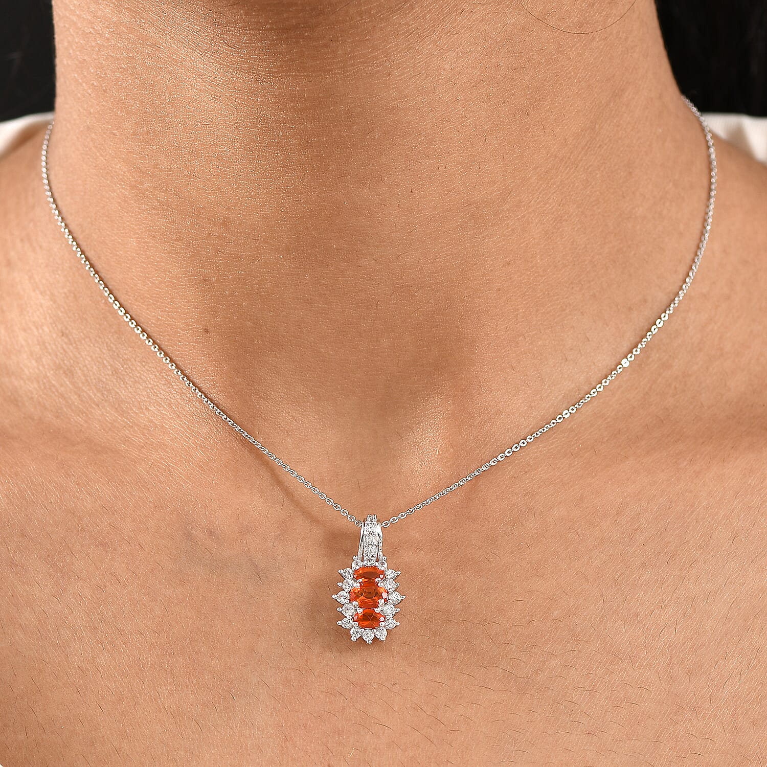Crimson Fire Opal & White Zircon Pendant with Chain (Size 20) in Rhodium Overlay Sterling Silver 1.39 Ct.