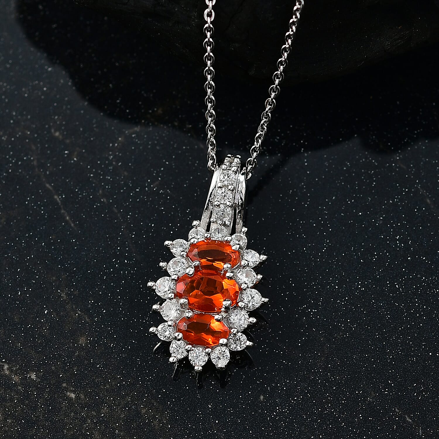 Crimson Fire Opal & White Zircon Pendant with Chain (Size 20) in Rhodium Overlay Sterling Silver 1.39 Ct.