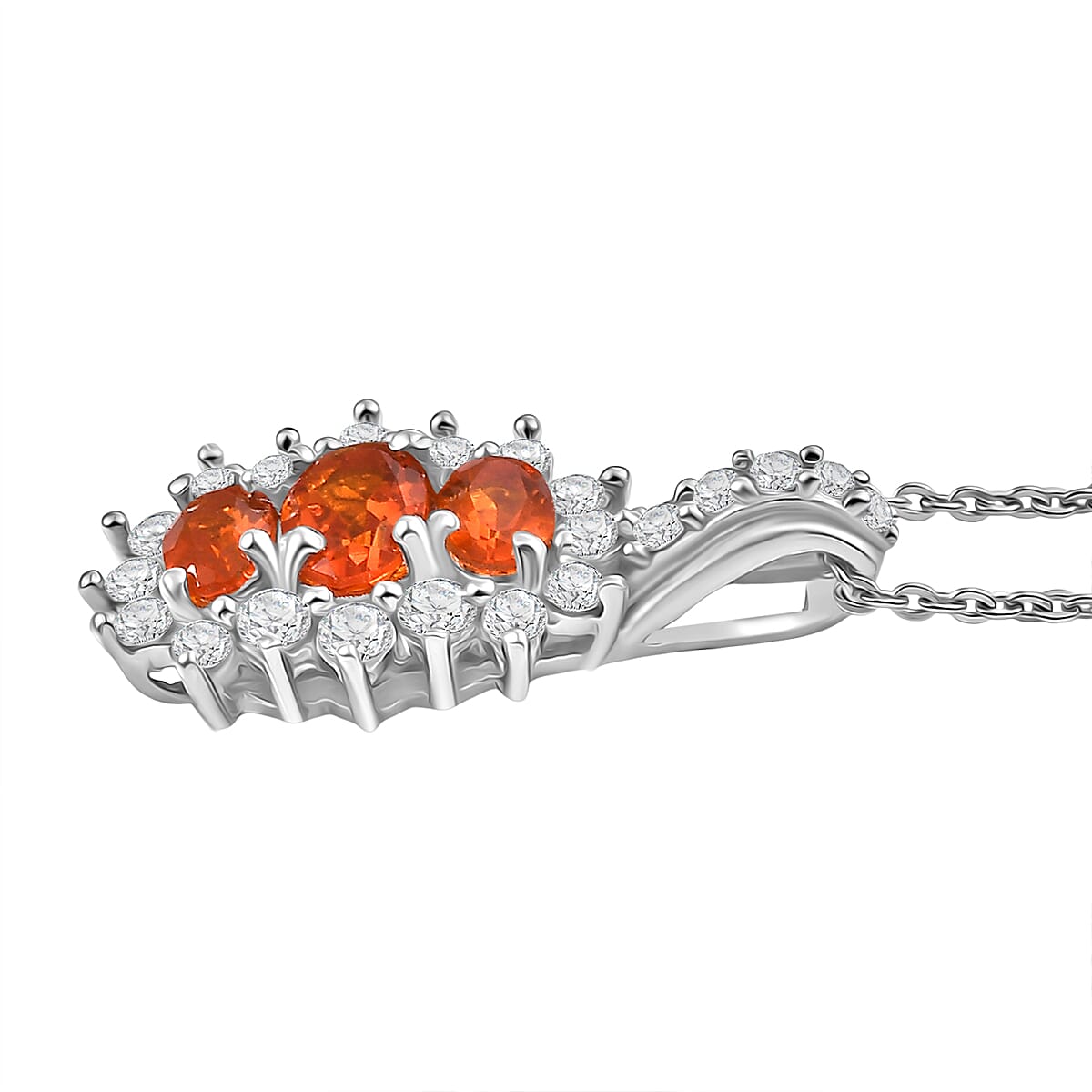 Crimson Fire Opal & White Zircon Pendant with Chain (Size 20) in Rhodium Overlay Sterling Silver 1.39 Ct.