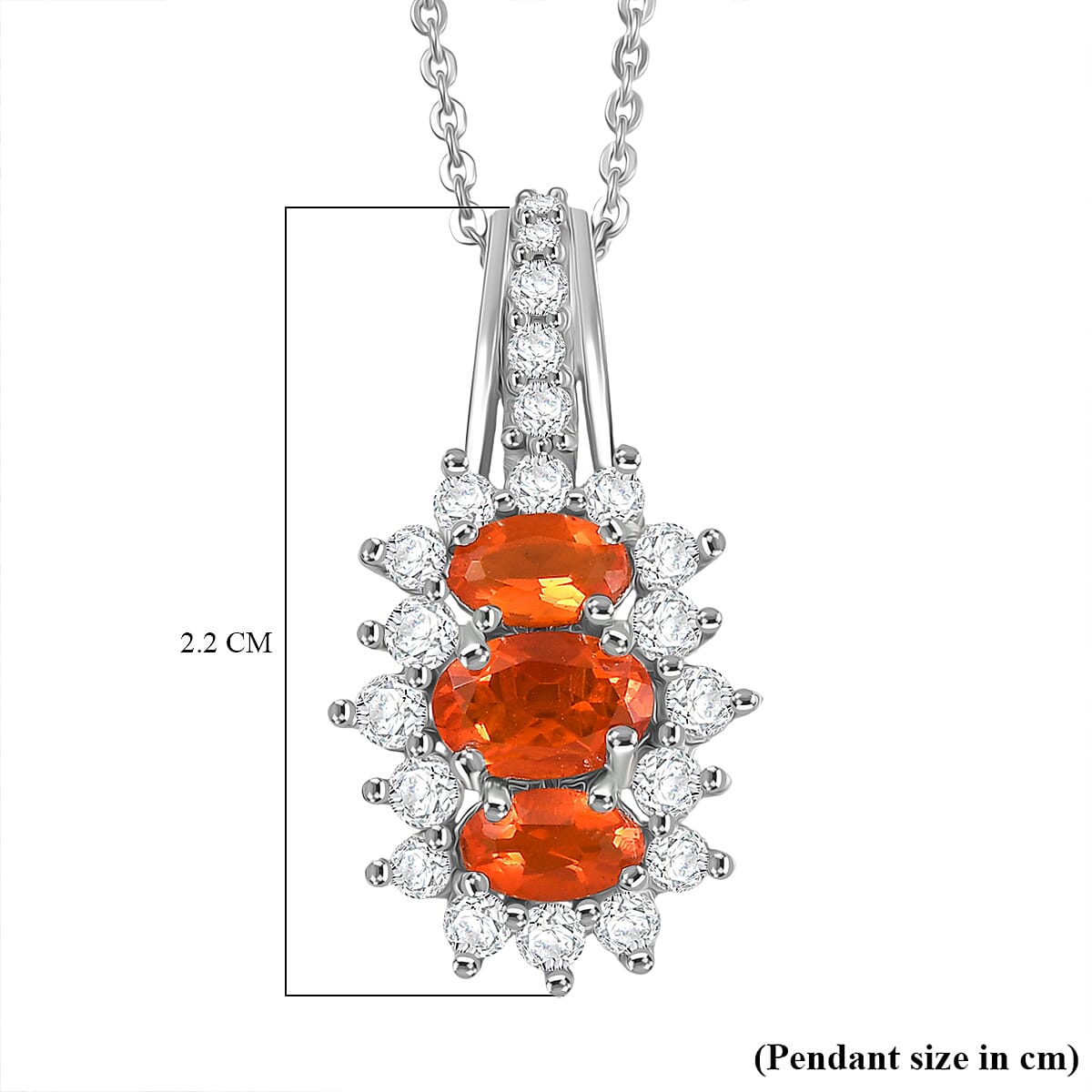 Crimson Fire Opal & White Zircon Pendant with Chain (Size 20) in Rhodium Overlay Sterling Silver 1.39 Ct.