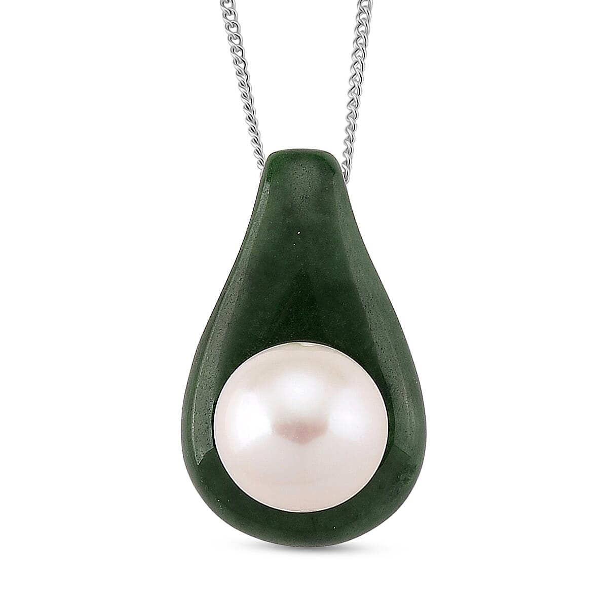 AAA Edison Pearl (11 mm) and Green Jade Pendant (18 Inch)  in 18K Vermeil Yellow Gold Plated Sterling Silver