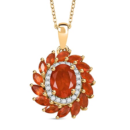 Crimson Fire Opal, White Zircon Halo Pendant with Chain (Size 20) in 18K Vermeil Yellow Gold Plated Sterling Silver 1.87 Ct.