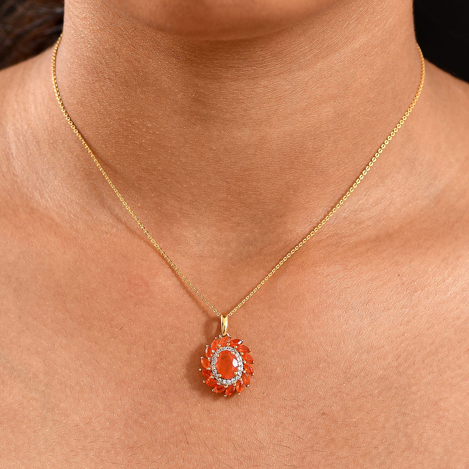 Crimson Fire Opal & White Zircon Pendant with Chain (Size 20) in 18K Vermeil Yellow Gold Overlay Sterling Silver 1.87 Ct.