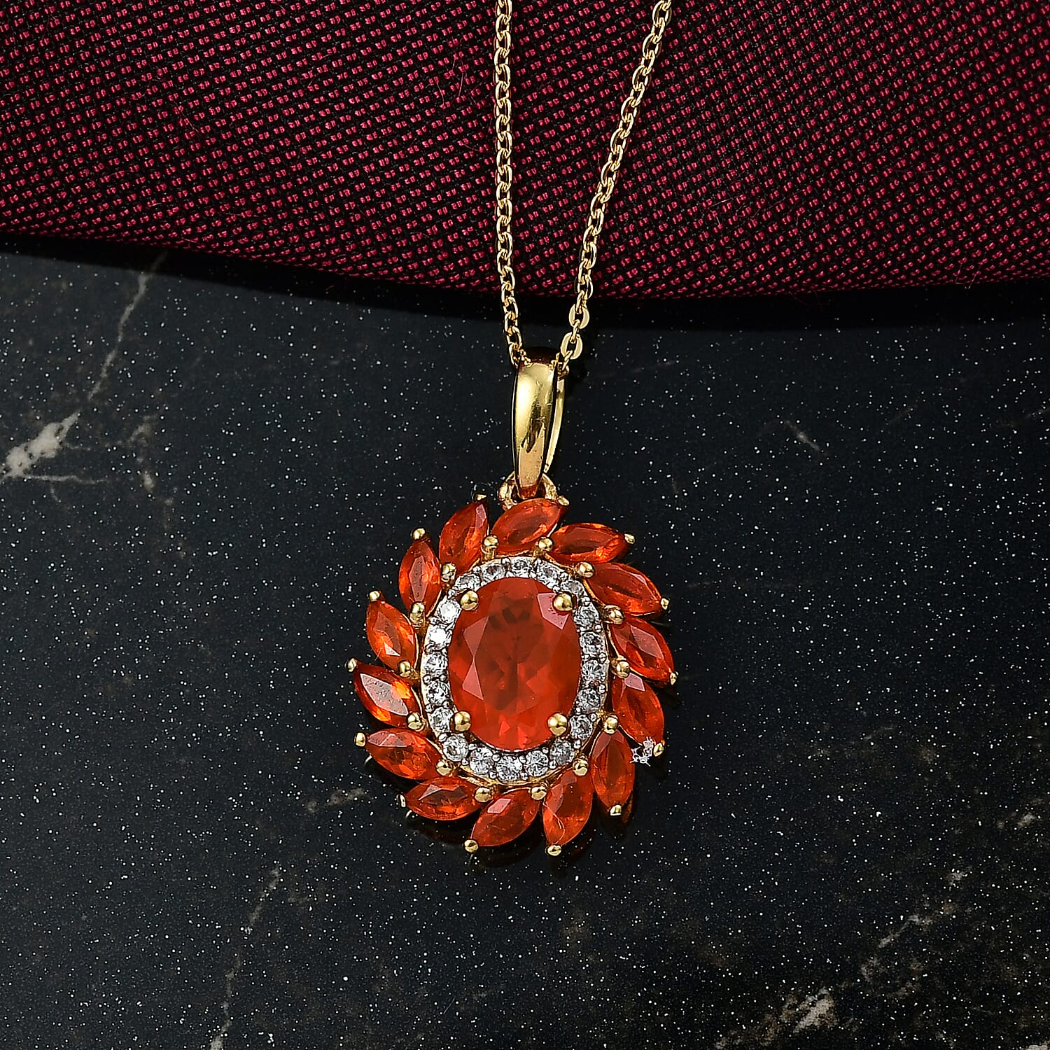 Crimson Fire Opal & White Zircon Pendant with Chain (Size 20) in 18K Vermeil Yellow Gold Overlay Sterling Silver 1.87 Ct.