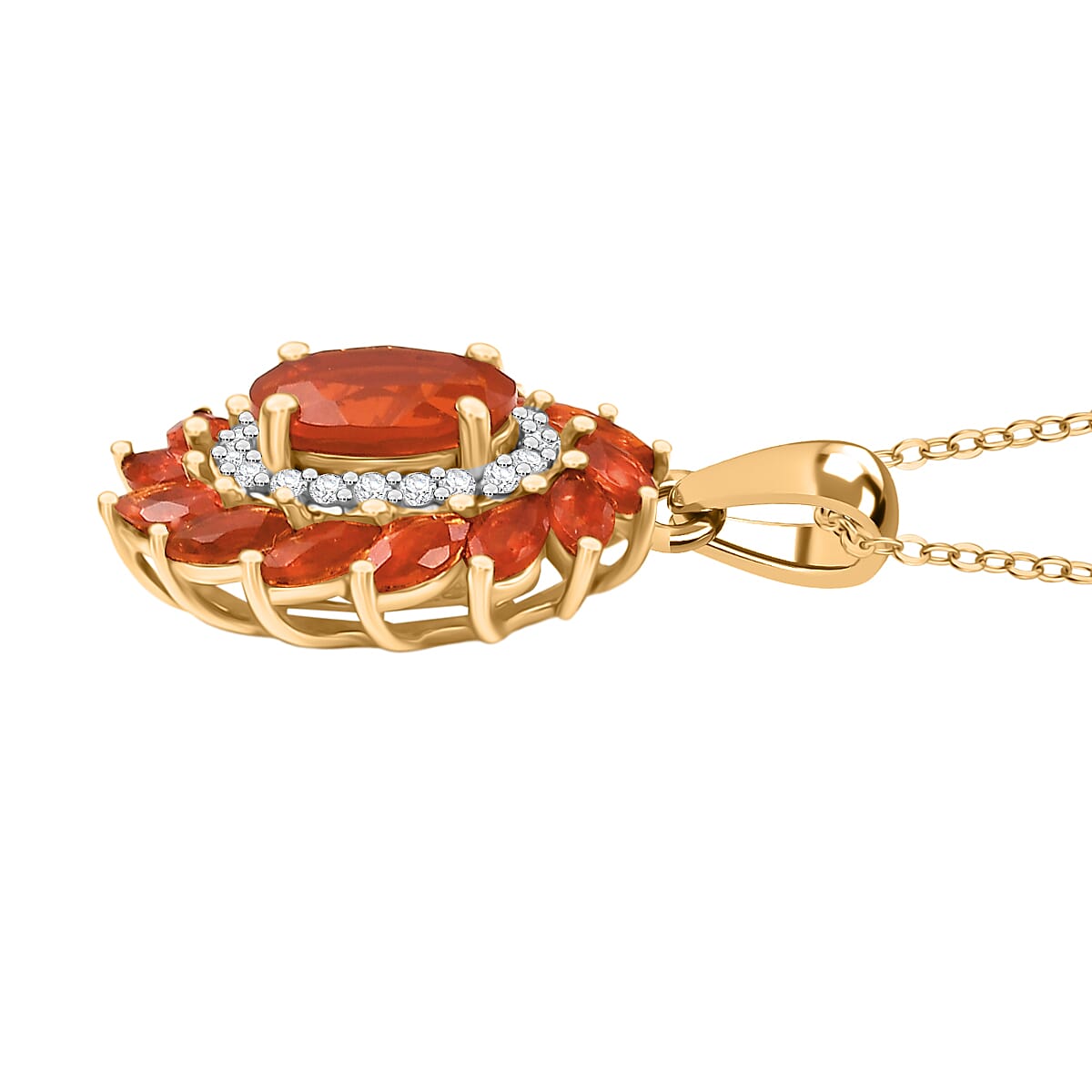 Crimson Fire Opal & White Zircon Pendant with Chain (Size 20) in 18K Vermeil Yellow Gold Overlay Sterling Silver 1.87 Ct.
