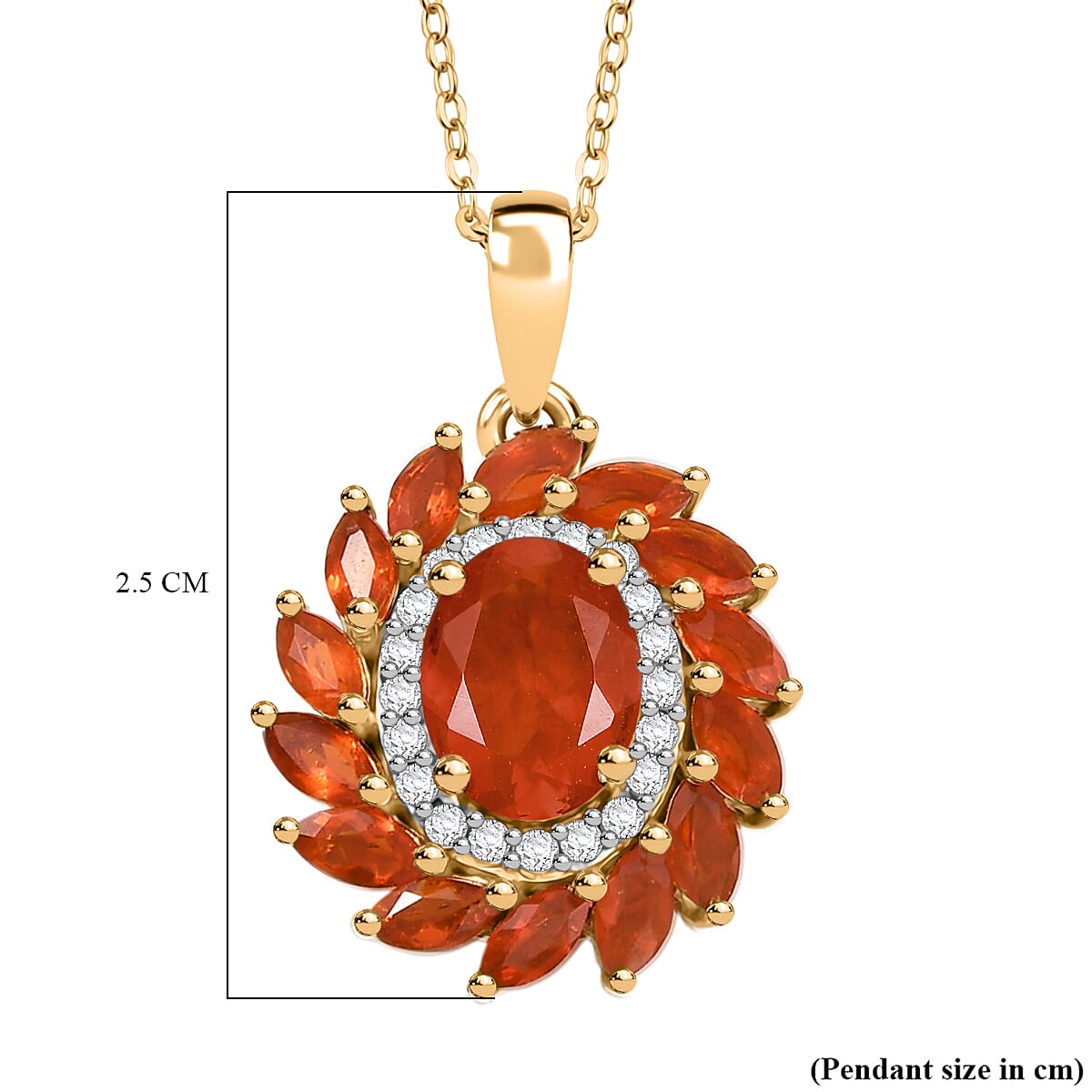 Crimson Fire Opal & White Zircon Pendant with Chain (Size 20) in 18K Vermeil Yellow Gold Overlay Sterling Silver 1.87 Ct.