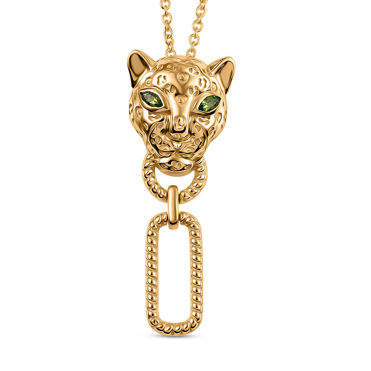 Designer Inspired - EverTrue - Natural Chrome Diopside Panther Pendant with Chain (Size 20) in Yellow Gold Tone
