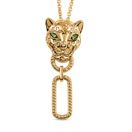 Designer Inspired - EverTrue - Natural Chrome Diopside Panther Pendant with Chain (Size 20) in Yellow Gold Tone
