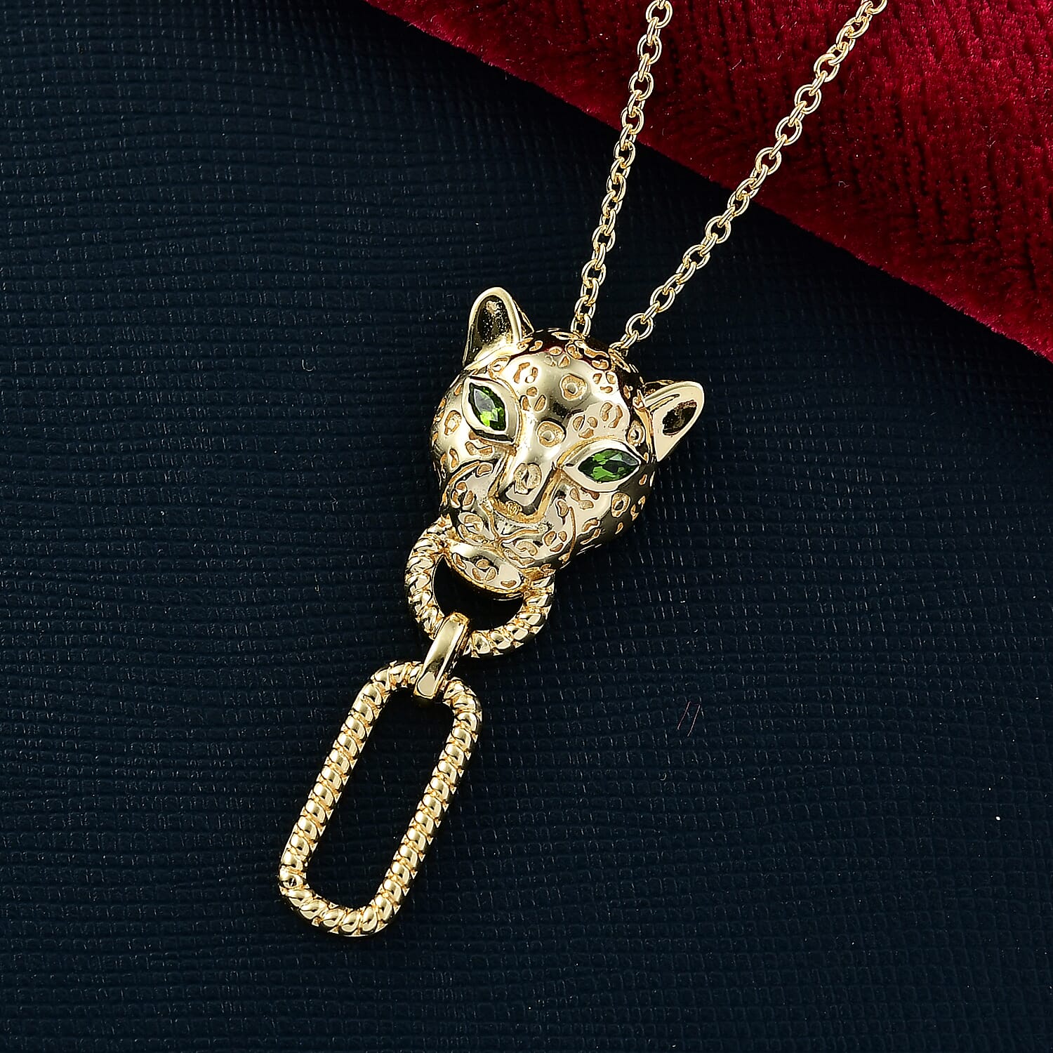 Designer Inspired - EverTrue - Natural Chrome Diopside Panther Pendant with Chain (Size 20) in Yellow Gold Tone