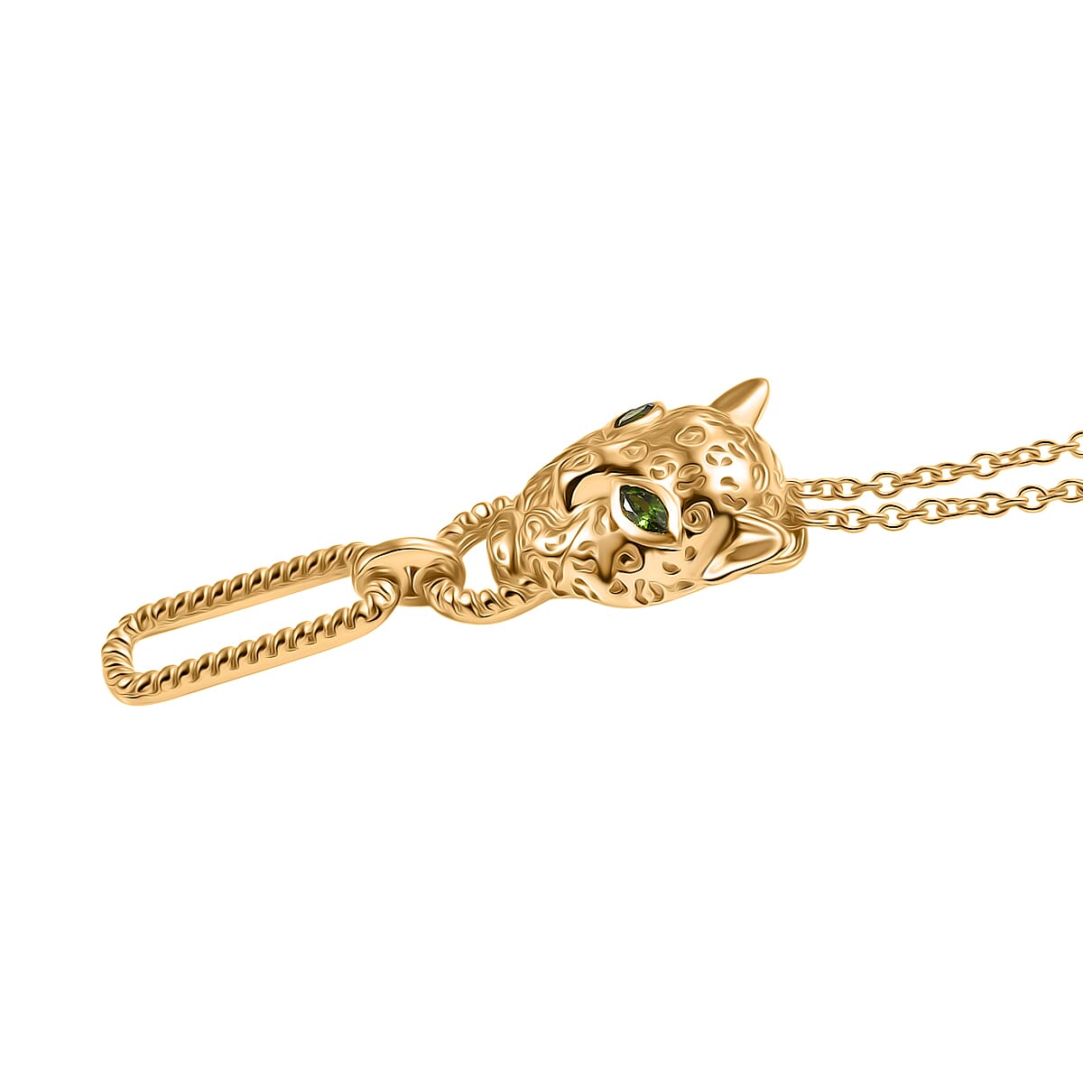 Designer Inspired - EverTrue - Natural Chrome Diopside Panther Pendant with Chain (Size 20) in Yellow Gold Tone