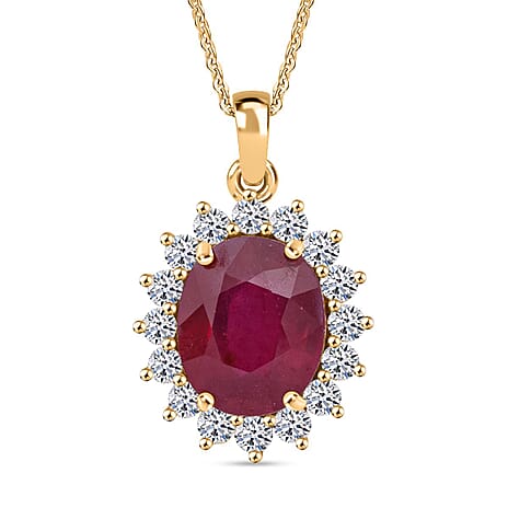 Luxuriant African Ruby (7.10 Ct.) & Lab Grown Diamond SI-GH (1.00 Ct.)Pendant with Chain (Size 20) in 18K Vermeil Yellow Gold Plated Sterling Silver 8.15 Ct.