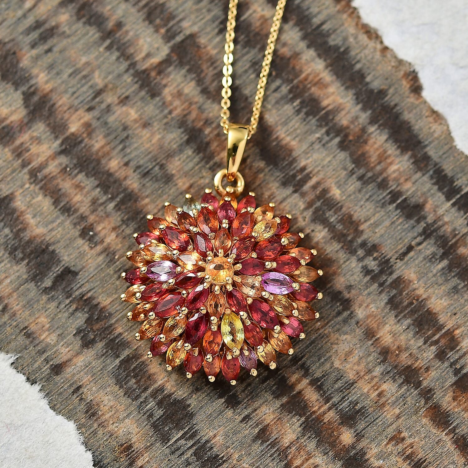 Rainbow Sapphire Pendant with Chain (Size 20) in 18K Vermeil Yellow Gold Plated Sterling Silver 7.91 Ct, Silver Wt. 6.54 Gms.