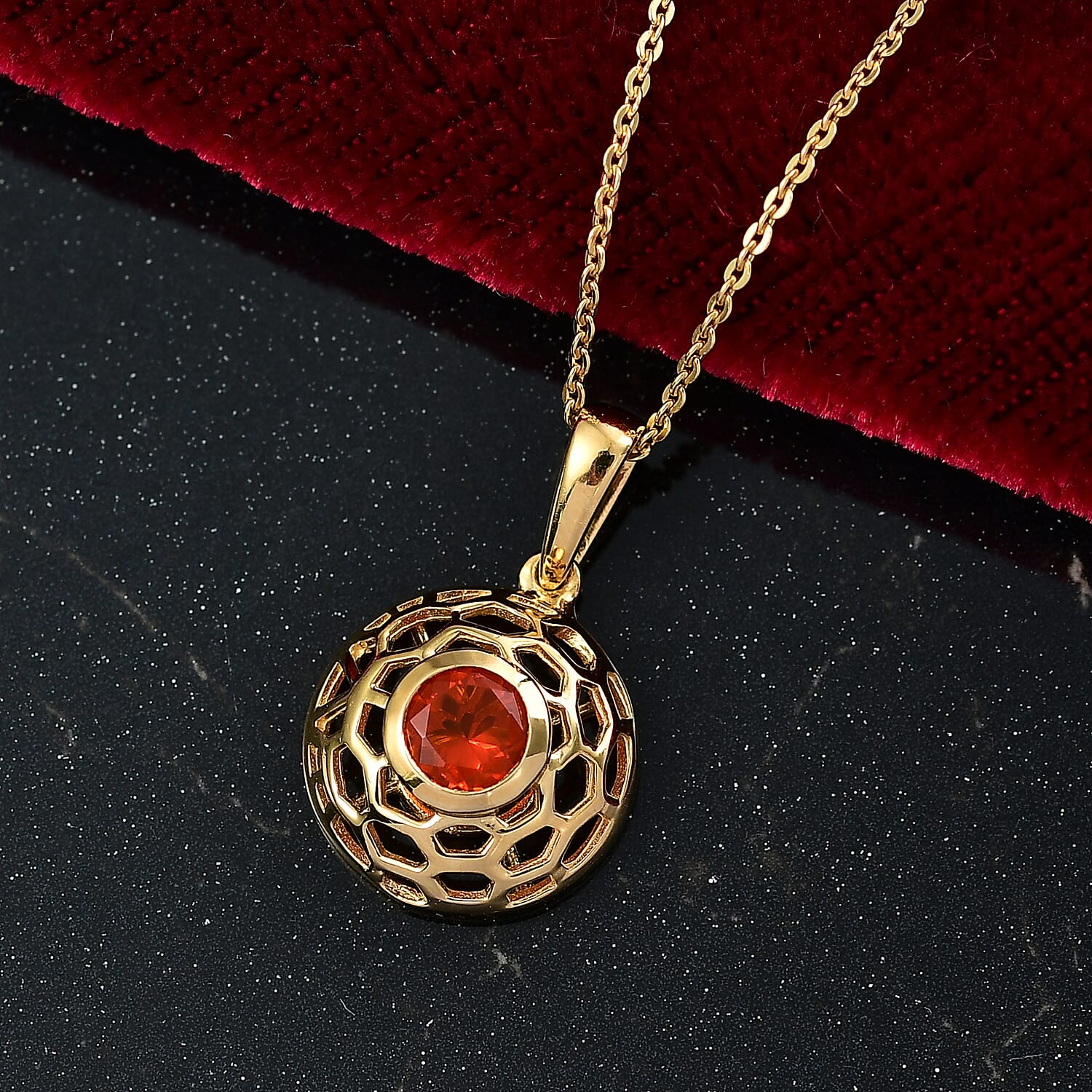 Crimson Fire Opal Pendant with Chain (Size 20) in Yellow Gold Overlay Sterling Silver