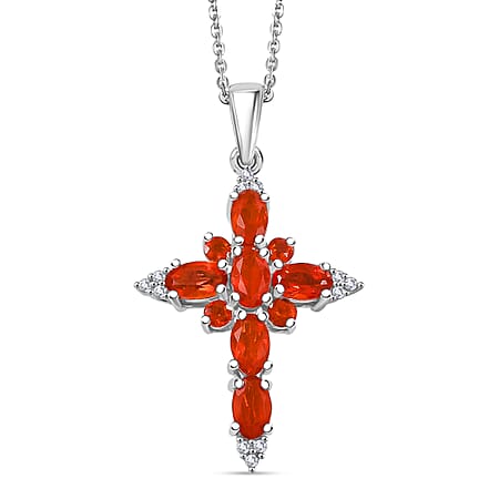D'joy Crimson Fire Opal, White Zircon Cross Pendant with Chain (Size 20) in Rhodium Overlay Sterling Silver 1.17 Ct. D'joy Crimson Fire Opal, White Zircon Cross Pendant with Chain (Size 20) in Rhodium Overlay Sterling Silver 1.17 Ct.