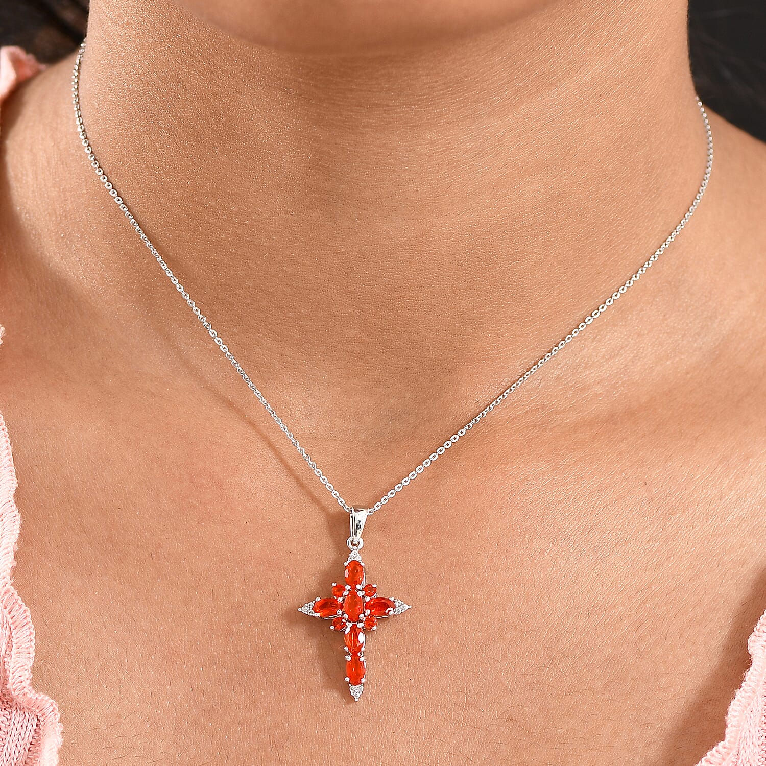 Crimson Fire Opal & White Zircon Cross Pendant with Chain  (Size 20) in Rhodium Overlay Sterling Silver 1.17 Ct.