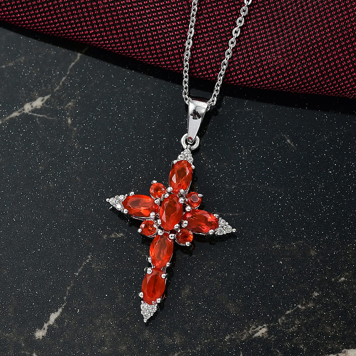 Crimson Fire Opal & White Zircon Cross Pendant with Chain  (Size 20) in Rhodium Overlay Sterling Silver 1.17 Ct.